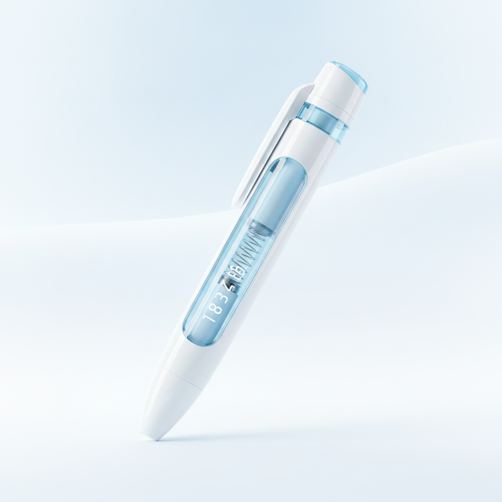 Caneta injetora de medicamento GLP-1 em fundo azul claro, estilo minimalista