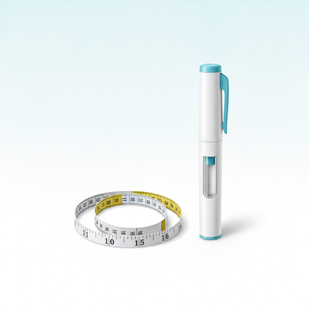 Fita métrica e caneta injetora em fundo azul claro, estilo minimalista