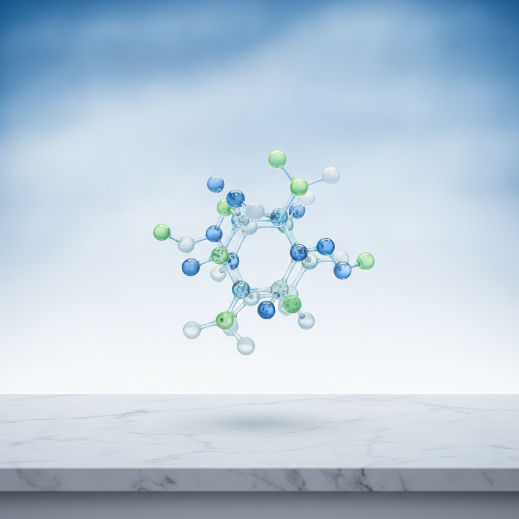 Representação abstrata de estrutura molecular em fundo azul claro, estilo minimalista