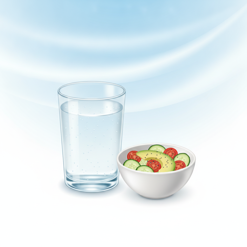Copo de água e alimentos leves em fundo azul claro, estilo minimalista