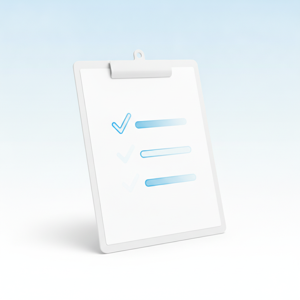 Prancheta com lista de verificação abstrata em fundo azul claro, estilo minimalista