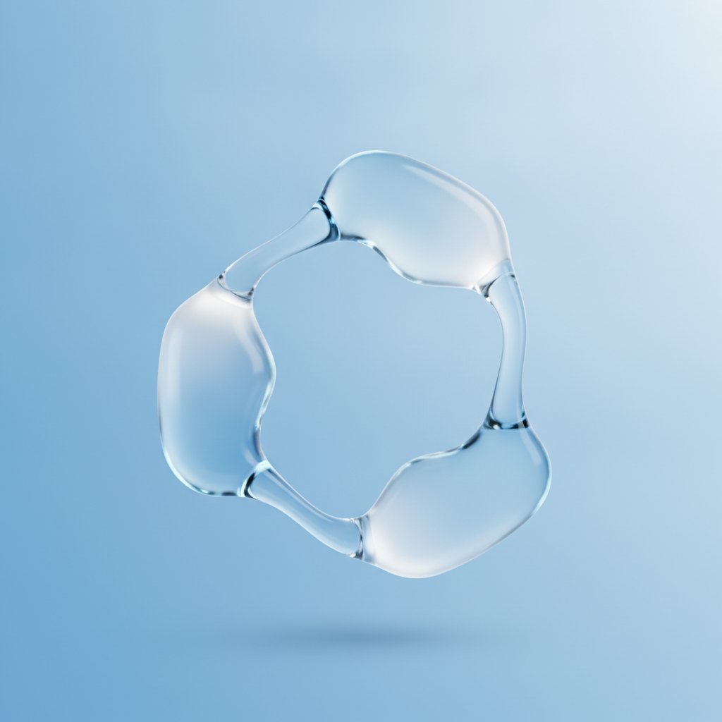 Três formas abstratas de receptores interconectados em fundo azul claro, estilo minimalista