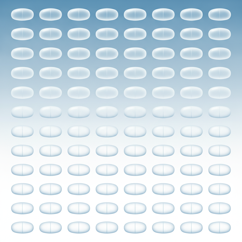 Formas abstratas de comprimidos organizadas em grade em fundo azul claro, estilo minimalista