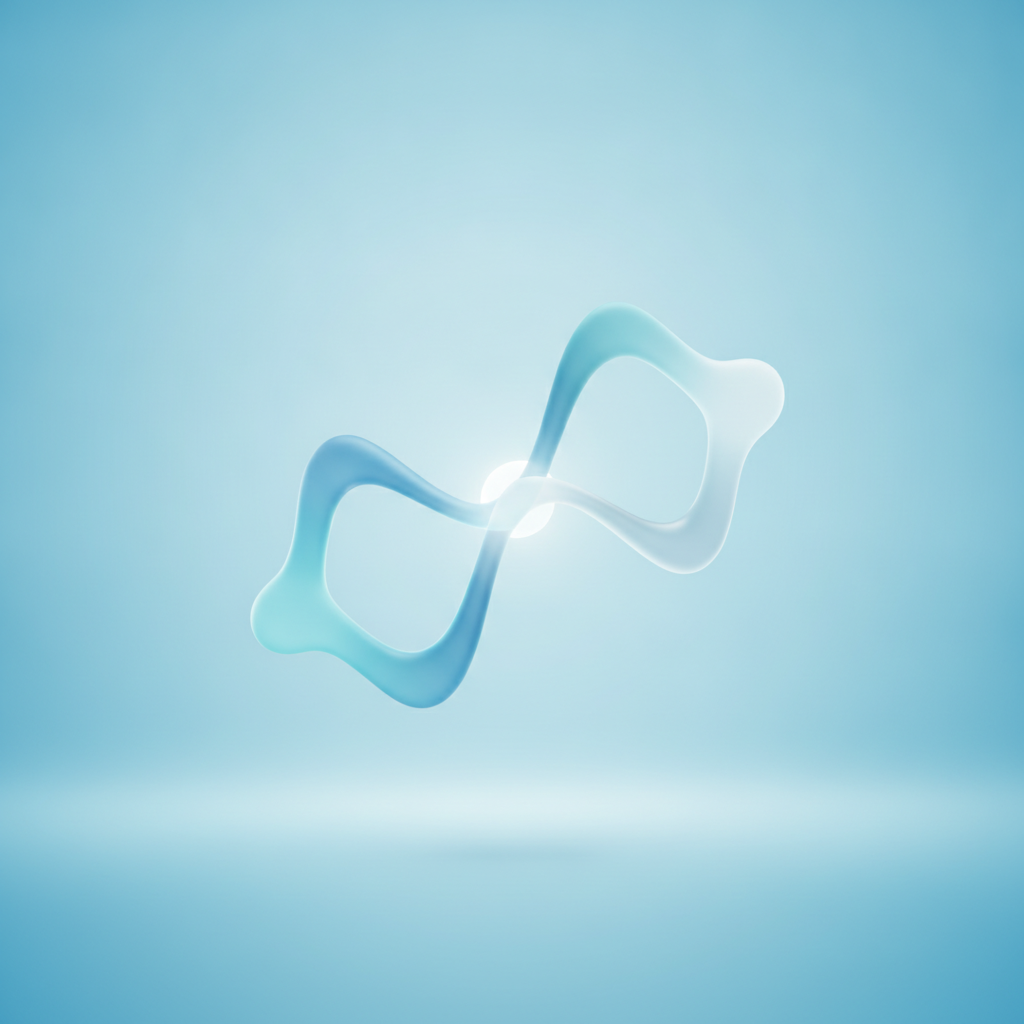 Duas formas moleculares abstratas se sobrepondo em fundo azul claro, estilo minimalista